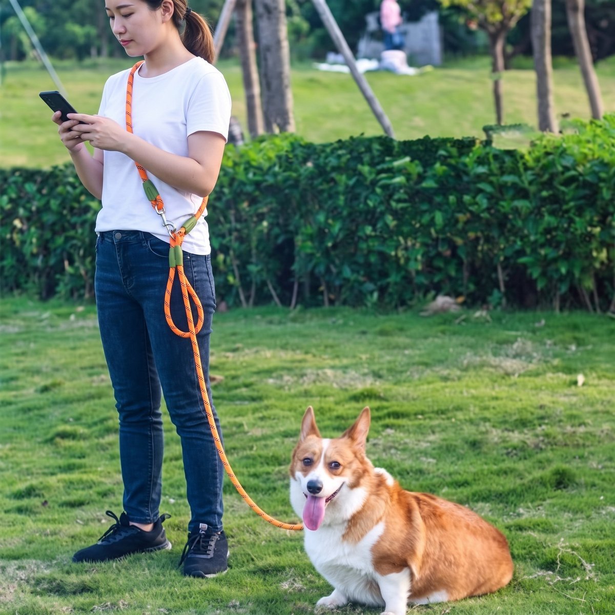 Femme regardant son smartphone dans un parc avec un corgi assis, laisse chien main libre PawSync en corde orange