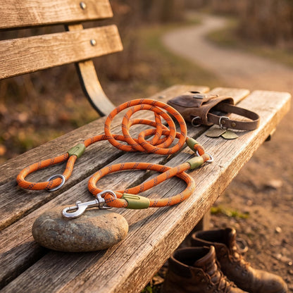 Laisse chien main libre PawSync en corde orange, vue produit posée sur un banc en bois avec collier en cuir