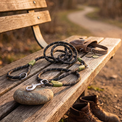 Laisse chien main libre PawSync en corde noire réfléchissante, vue produit posée sur un banc en bois avec collier en cuir