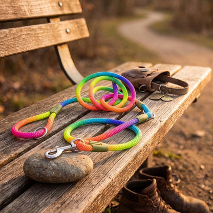 Laisse chien main libre PawSync en corde multicolore arc-en-ciel, vue produit posée sur un banc en bois avec collier en cuir
