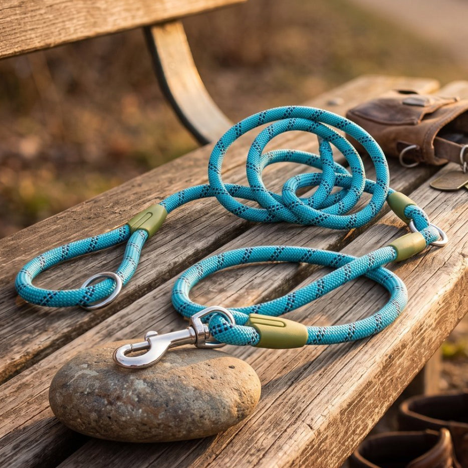 Laisse chien main libre PawSync en corde turquoise, vue produit posée sur un banc en bois avec collier en cuir