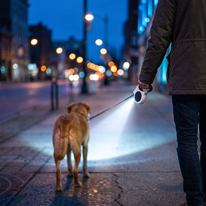 Laisse chien Nox coloris blanc et noir, promenade nocturne en ville avec le faisceau de la torche LED éclairant la rue