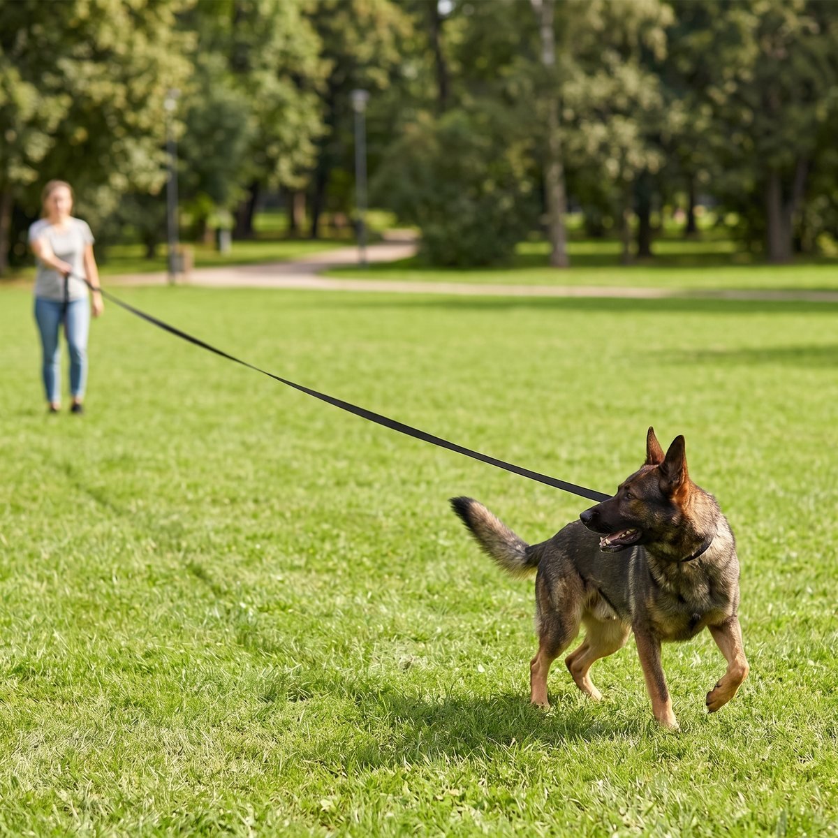 Laisse corde chien enroulée coloris noir, Berger Allemand en promenade dans un parc