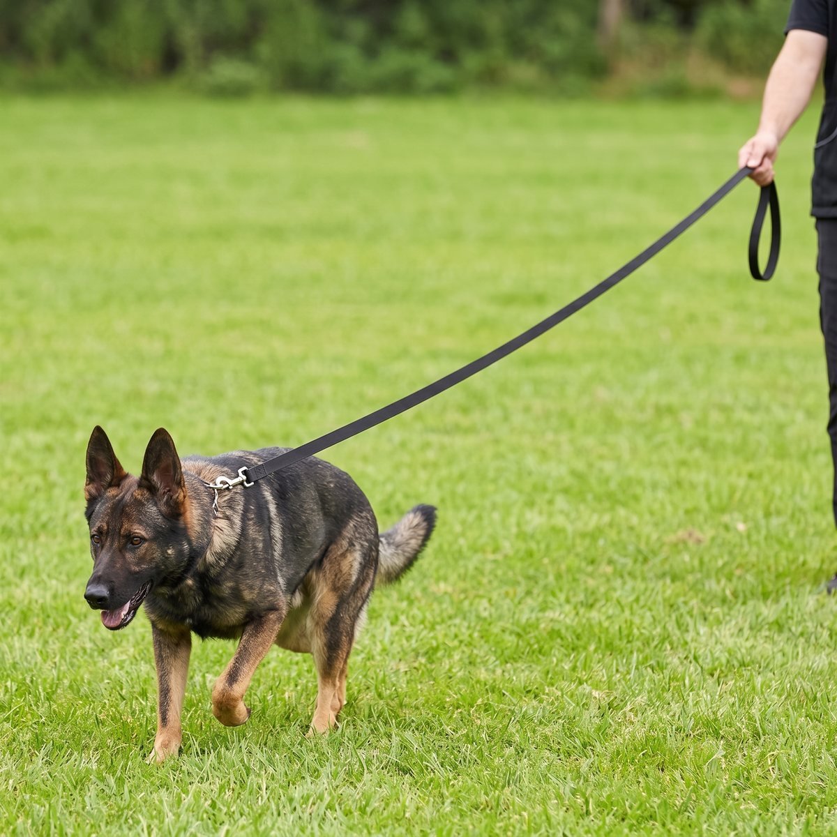 Laisse corde chien enroulée coloris noir, gros plan sur un Berger Allemand tenu en laisse pendant une promenade