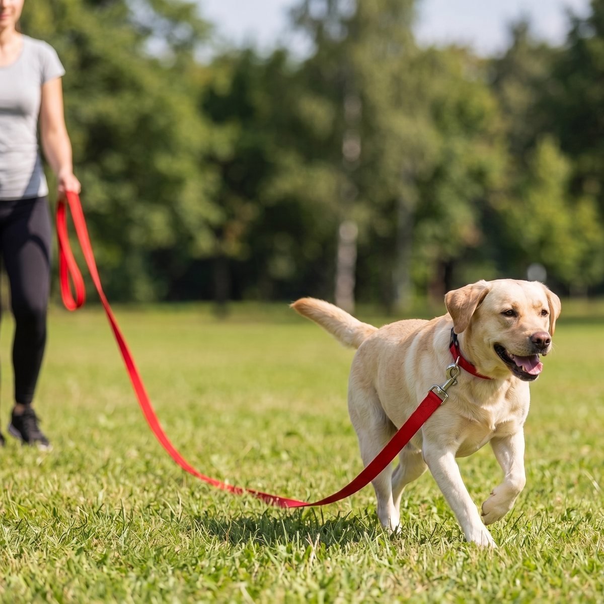 Laisse corde chien enroulée coloris rouge, Labrador sable tirant en promenade dans un parc
