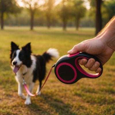 laisse de chien enrouleur rose en action au parc, main sur bouton frein verrou MaxLeash™
