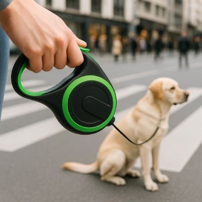 laisse de chien enrouleur vert en ville, main tenant poignee ergonomique, labrador assis au passage pieton MaxLeash™