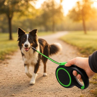 laisse de chien enrouleur vert en action au parc, corde retractable fluide, border collie en promenade MaxLeash™