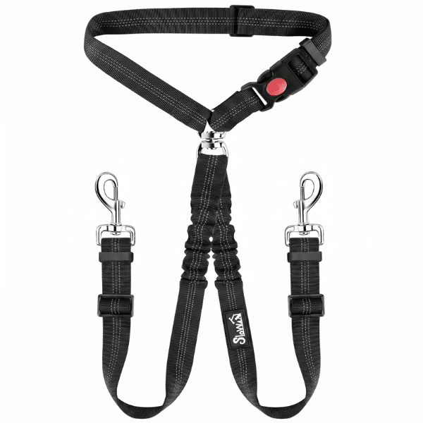 Laisse double chien voiture et promenade noire réglable avec mousquetons en inox et coutures réfléchissantes