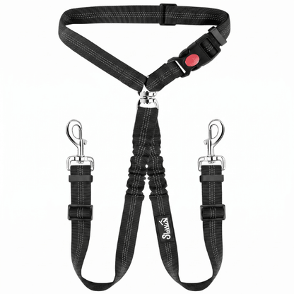 Laisse double chien voiture et promenade noire réglable avec mousquetons en inox et coutures réfléchissantes
