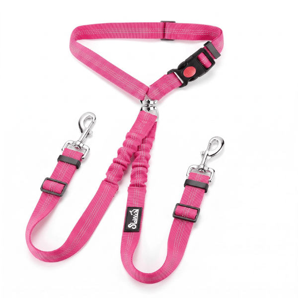 Laisse double chien voiture et promenade rose fuchsia 2-en-1 avec sangle réglable et double mousqueton