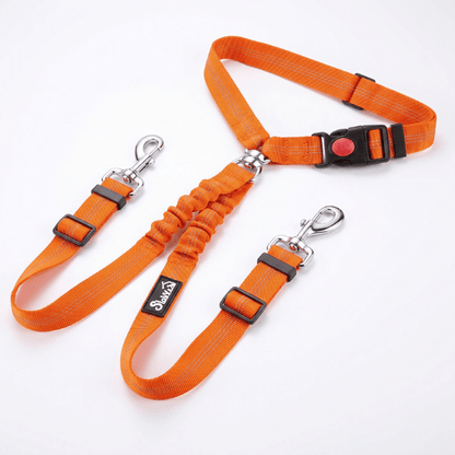 Laisse double chien voiture et promenade orange fluo équipée de mousquetons robustes et sangle extensible