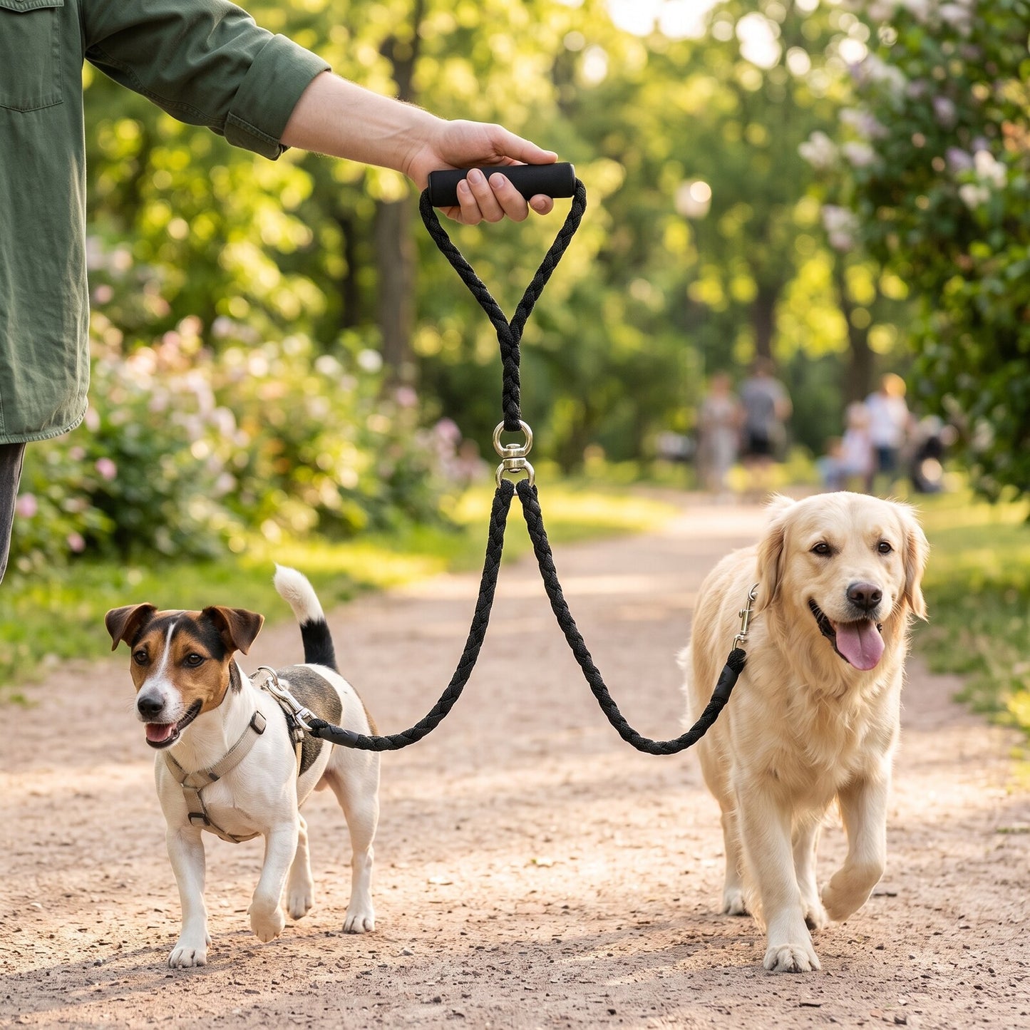 Laisse double pour 2 chiens DuoWalk noir - vue de face avec un golden retriever et un jack russell