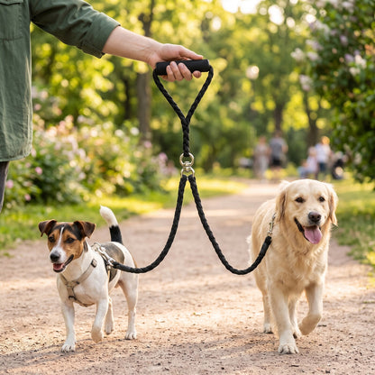 Laisse double pour 2 chiens DuoWalk noir - vue de face avec un golden retriever et un jack russell