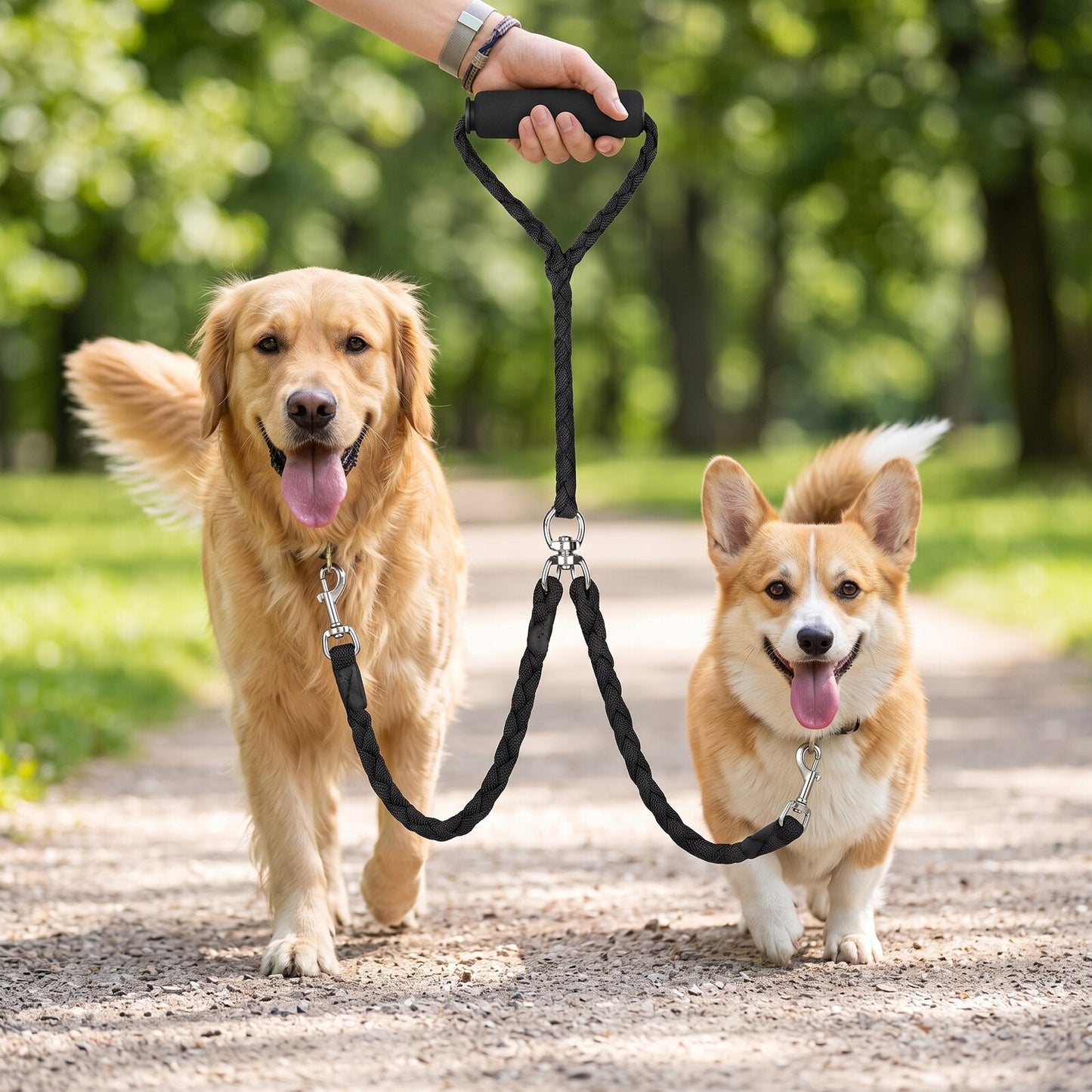 Laisse double pour 2 chiens DuoWalk noir - golden retriever et corgi en promenade dans un parc