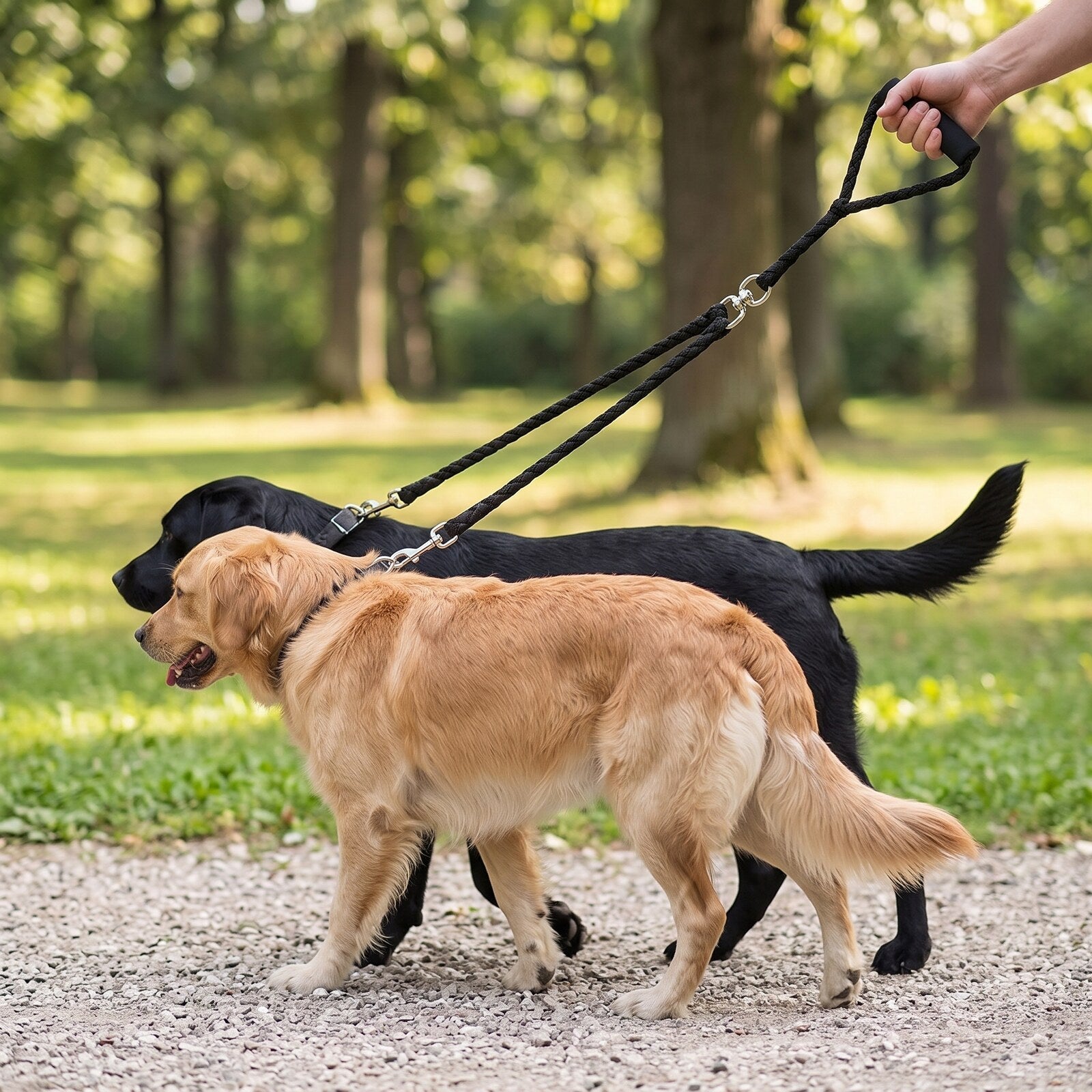 Laisse double pour 2 chiens DuoWalk noir - vue de profil avec un labrador noir et un golden retriever