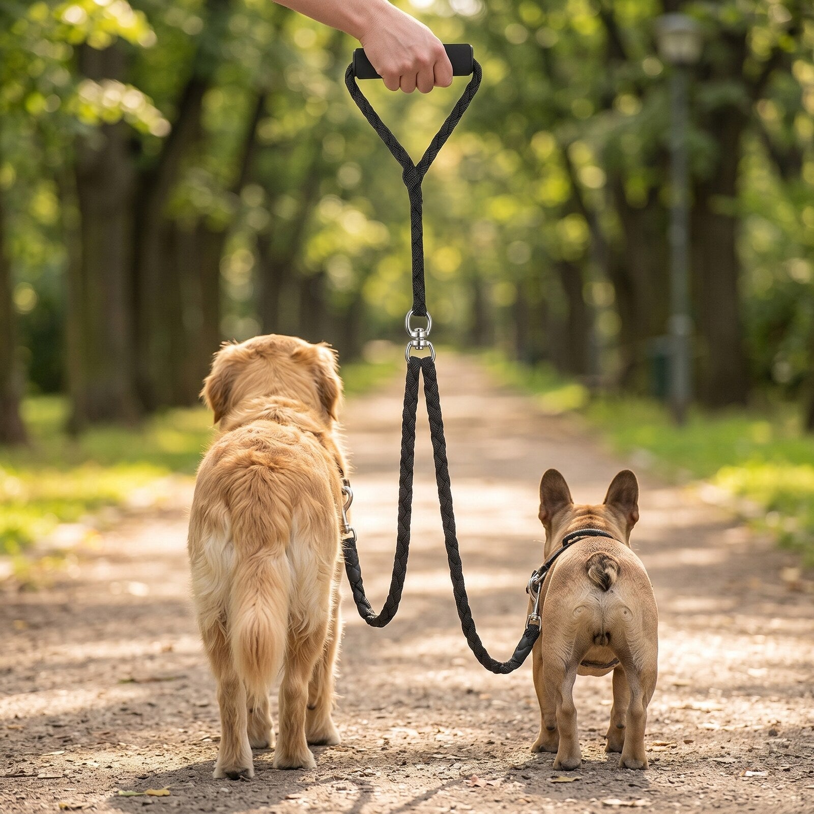 Laisse double pour 2 chiens DuoWalk noir - vue de dos, golden retriever et bouledogue français s'éloignant