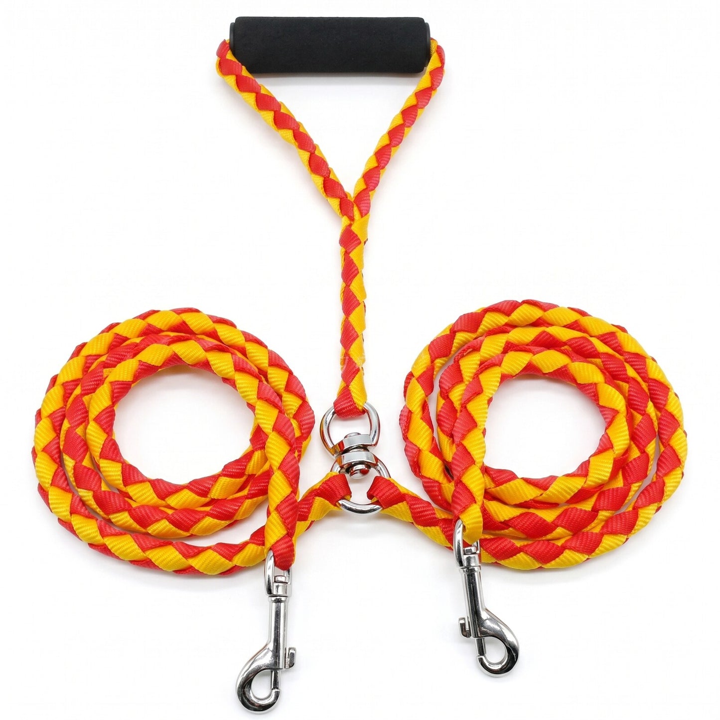 Laisse double pour 2 chiens DuoWalk rouge-jaune - photo produit fond blanc