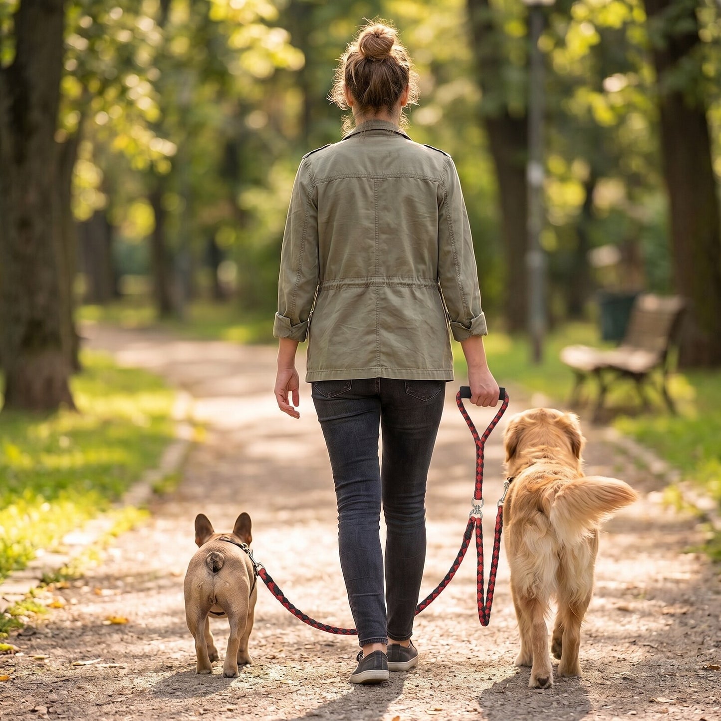 Laisse double pour 2 chiens DuoWalk rouge-noir - vue de dos, promenade avec un bouledogue français et un golden retriever