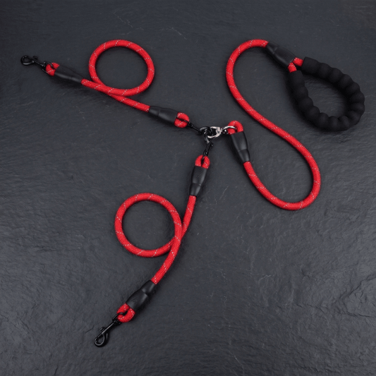 Laisse double pour chien DuoFlex Chien store rouge avec deux brins et émerillon anti-torsion