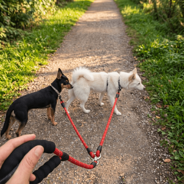 Laisse double pour chien DuoFlex Chien store rouge tenue en main pour promener deux petits chiens