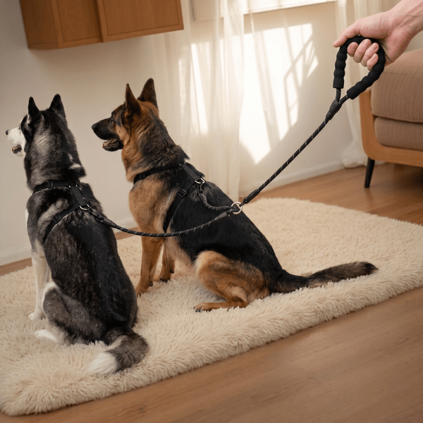 Laisse double pour chien DuoFlex Chien store noire tenant un Husky et un Berger Allemand assis