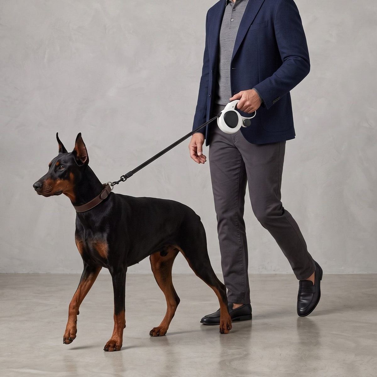 Homme en veste élégante promenant un Dobermann avec la laisse enrouleur 5m pour chien IronTrek, studio gris