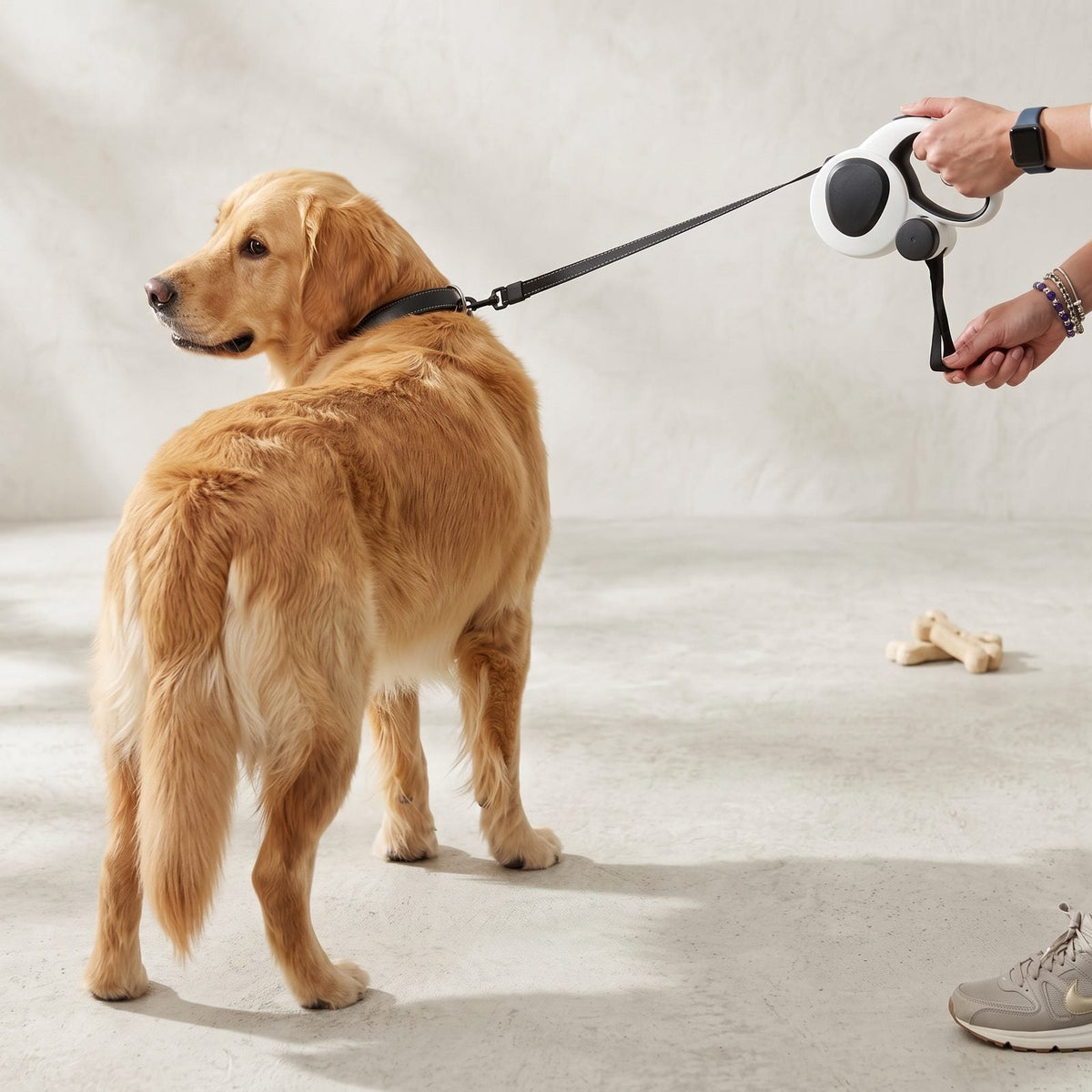 Golden Retriever calme tenu en laisse avec la laisse enrouleur 5m pour chien IronTrek, friandises en arrière-plan