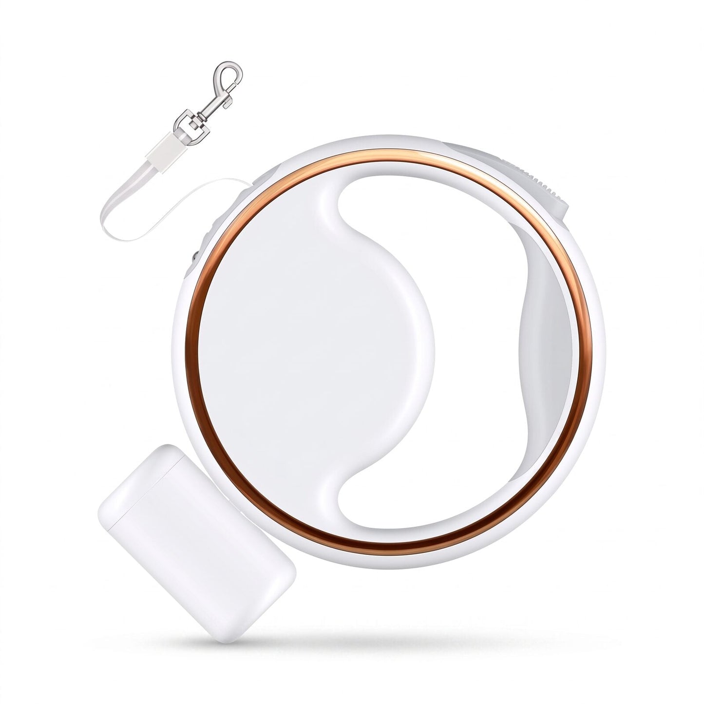 Packshot de la laisse enrouleur rechargeable pour chien GlowLoop, coloris blanc et or rose, avec mousqueton et distributeur de sacs