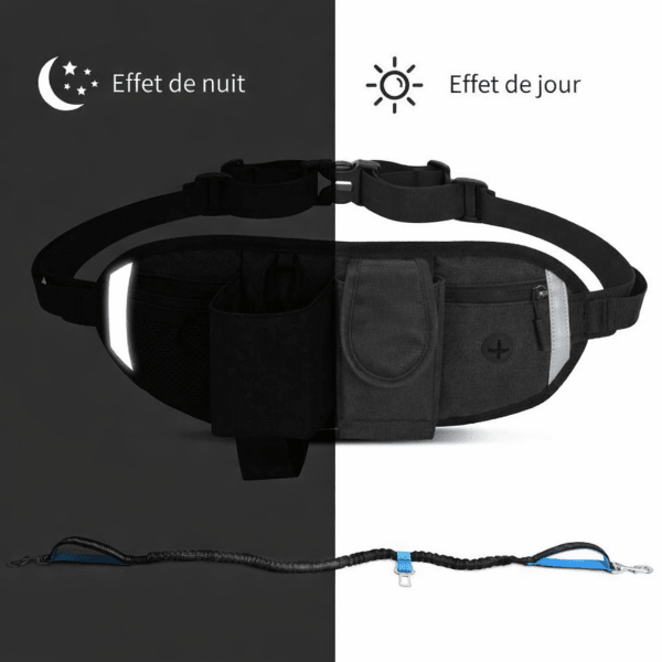 Laisse chien main libre avec ceinture reflechissante montrant l effet de nuit et l effet de jour pour une meilleure visibilite