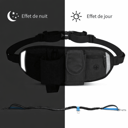 Laisse chien main libre avec ceinture reflechissante montrant l effet de nuit et l effet de jour pour une meilleure visibilite