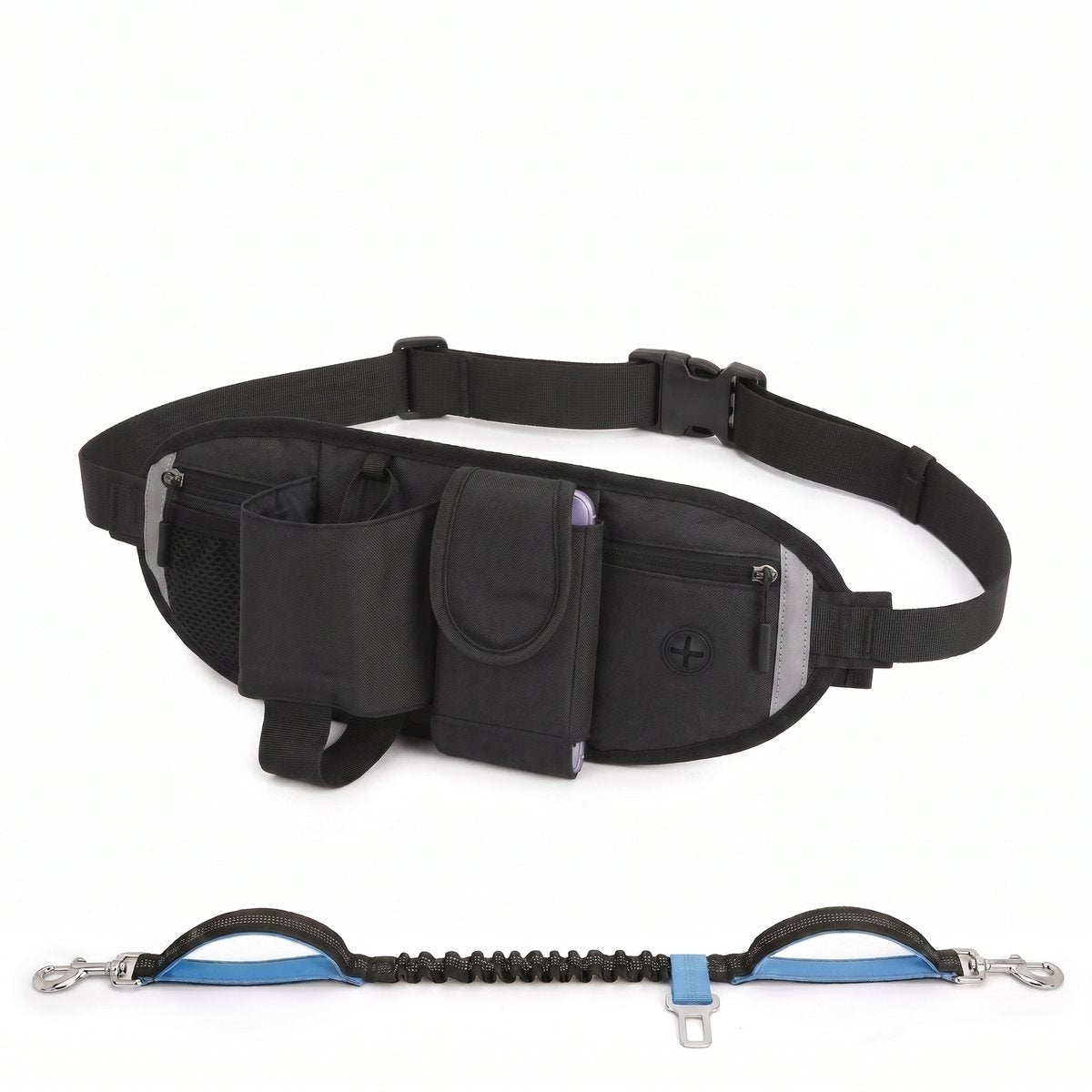 Laisse mains libres pour chien, ceinture de jogging avec sac banane coloris noir, vue produit
