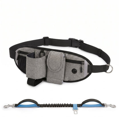 Laisse mains libres pour chien, ceinture de jogging avec sac banane coloris gris, vue produit