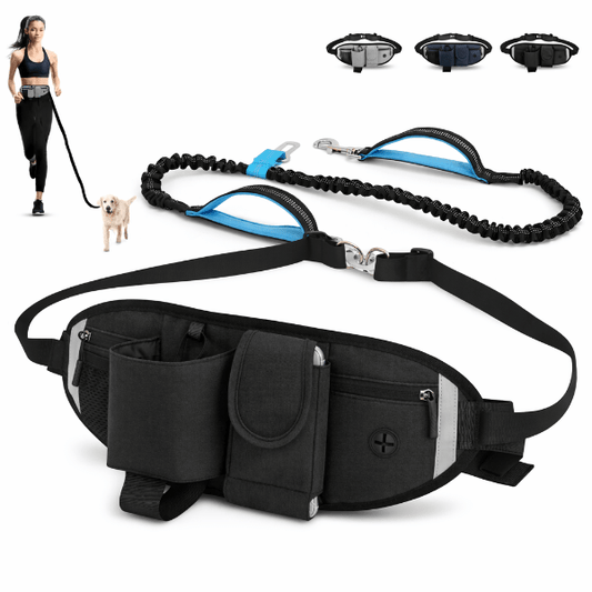Laisse chien main libre noire avec ceinture ajustable et poches de rangement pour courir ou marcher avec son chien