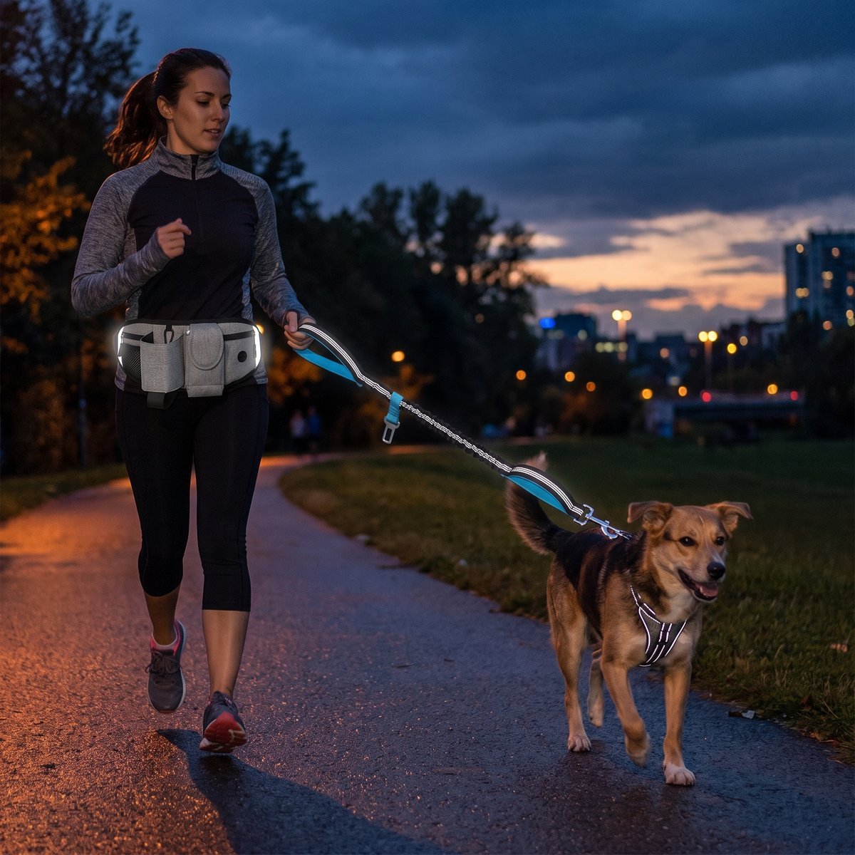 Femme faisant du jogging en forêt à la lumière dorée avec un labrador portant un harnais bleu, laisse mains libres