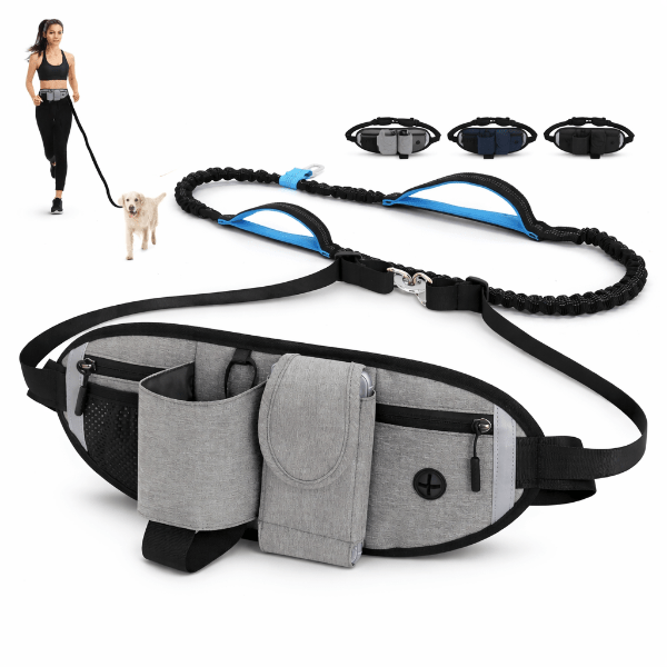 Ceinture laisse chien main libre avec sac banane poches de rangement et laisse elastique amortissante coloris gris