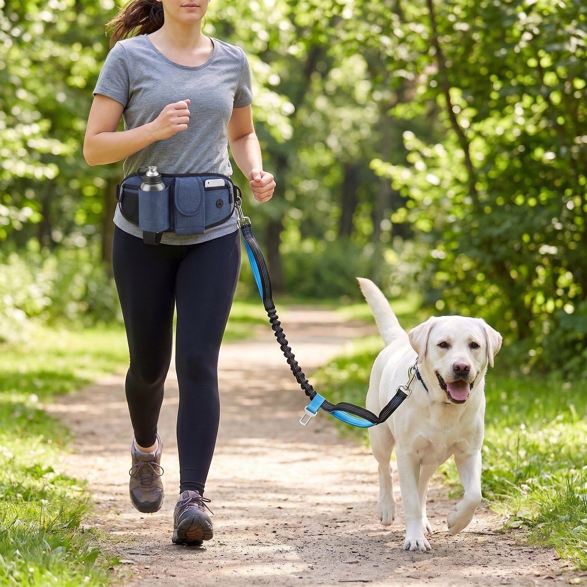 Femme faisant du jogging en forêt avec un labrador, ceinture de jogging bleu marine, laisse mains libres et collier bleu