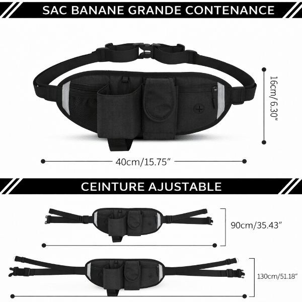 Sac banane pour laisse chien grande contenance avec dimensions et ceinture ajustable pour s adapter a toutes les tailles