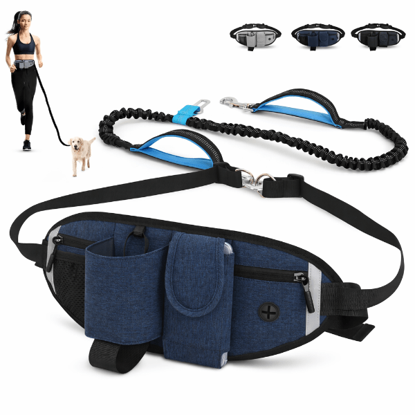 Laisse chien main libre avec ceinture banane bleu fonce et laisse elastique pour promenade et sport