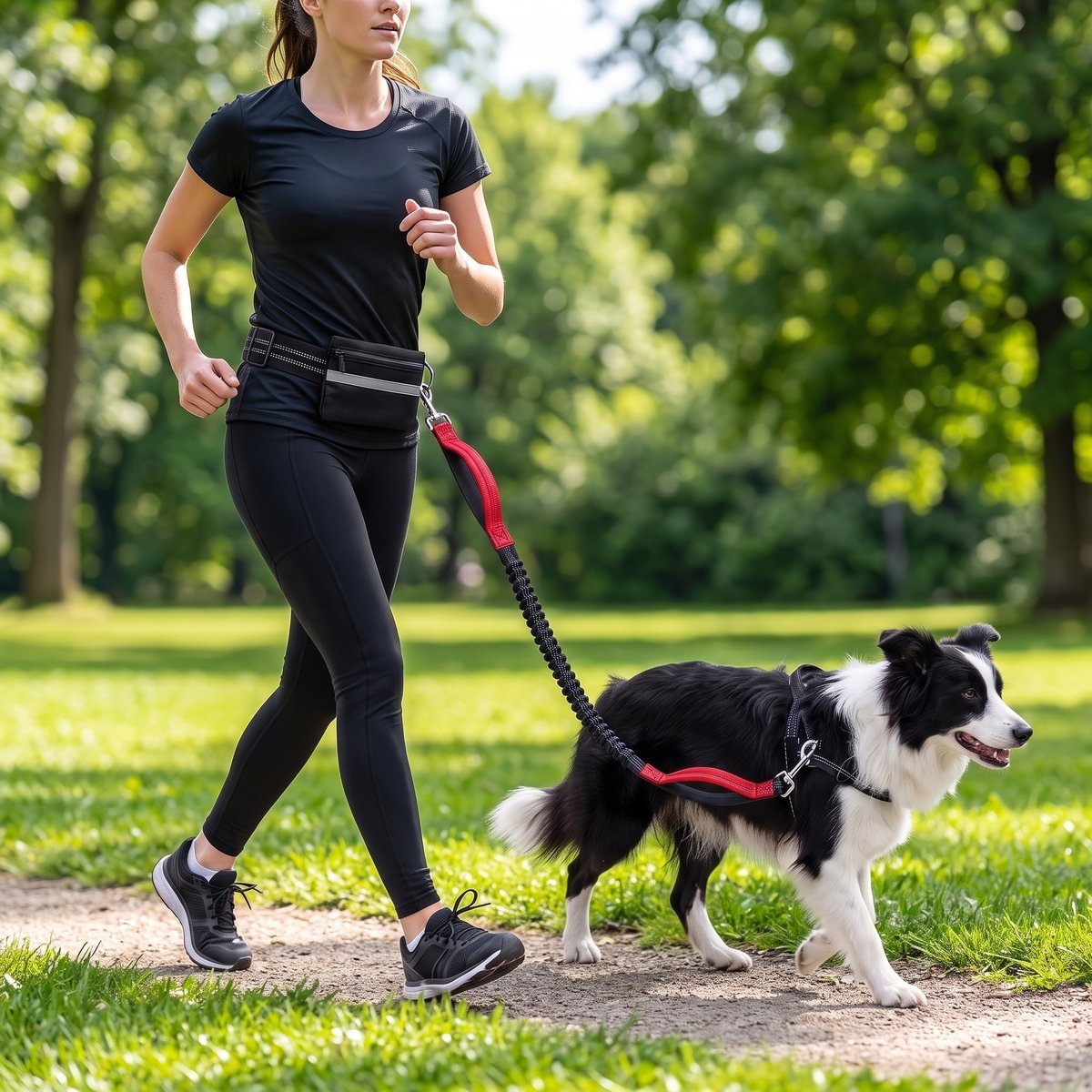 Femme marchant dans un parc avec un chiot border collie, laisse mains libres pour chien ceinture et pochette rouge