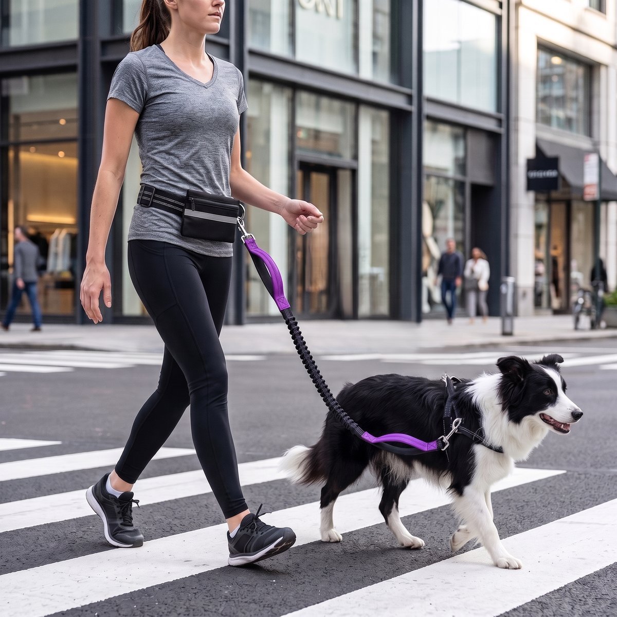 Femme traversant un passage piéton en ville avec un border collie, laisse mains libres pour chien ceinture et pochette violette, gros plan