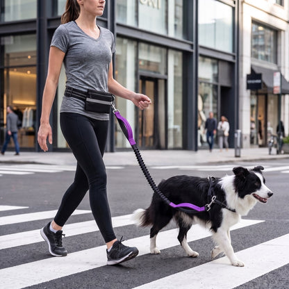 Femme traversant un passage piéton en ville avec un border collie, laisse mains libres pour chien ceinture et pochette violette, gros plan