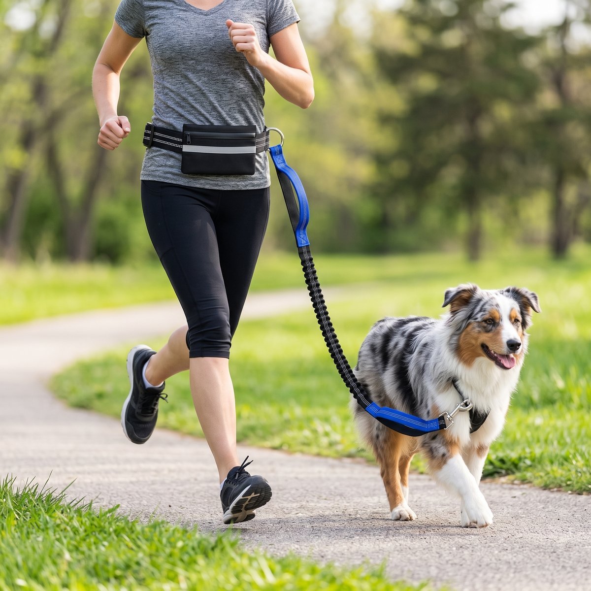 Femme courant dans un parc avec un berger australien, laisse mains libres pour chien ceinture et pochette bleue, gros plan sur la poignée