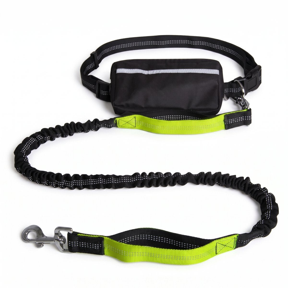 Laisse mains libres pour chien avec ceinture et pochette, coloris vert fluo, vue produit sur fond blanc