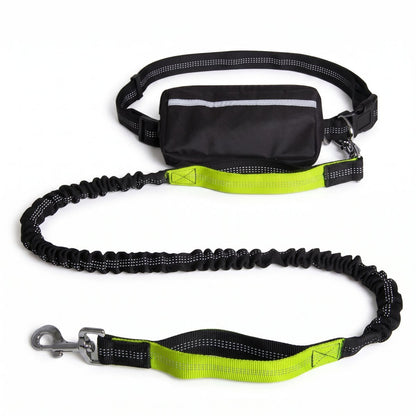 Laisse mains libres pour chien avec ceinture et pochette, coloris vert fluo, vue produit sur fond blanc