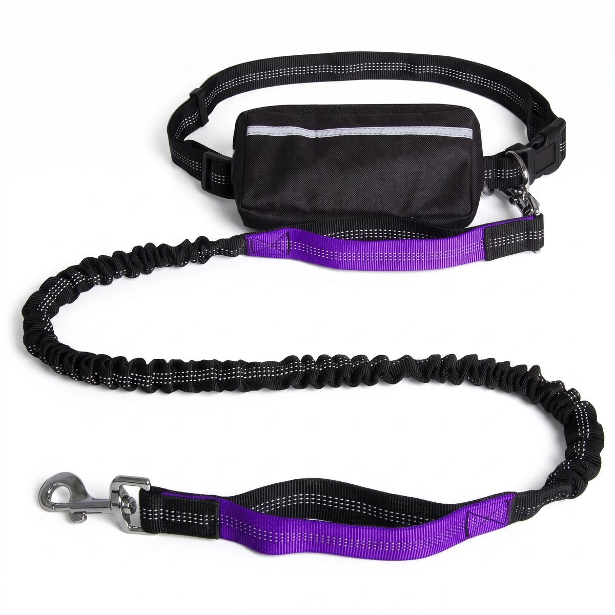 Laisse mains libres pour chien avec ceinture et pochette, coloris violet, vue produit sur fond blanc