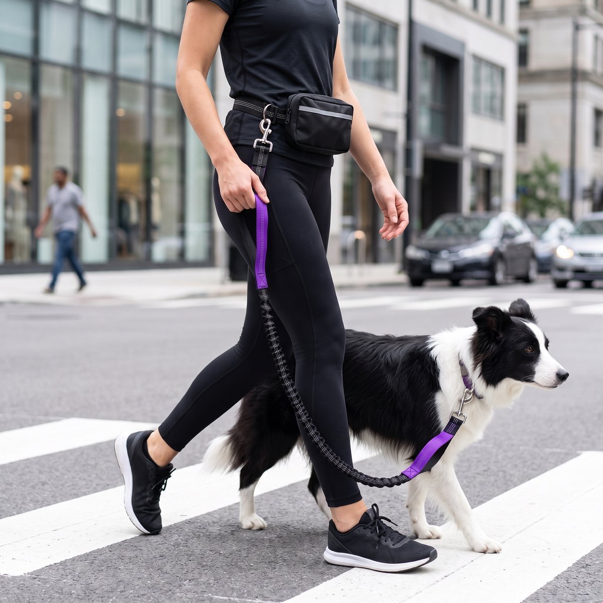 Femme traversant un passage piéton en ville avec un border collie, laisse mains libres pour chien ceinture et pochette violette