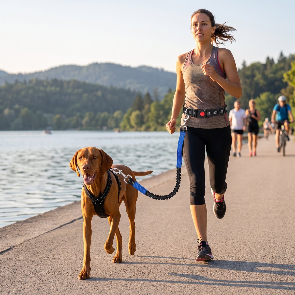 Femme en jogging au bord d'un lac avec un vizsla, ceinture mains libres et laisse élastique bleues