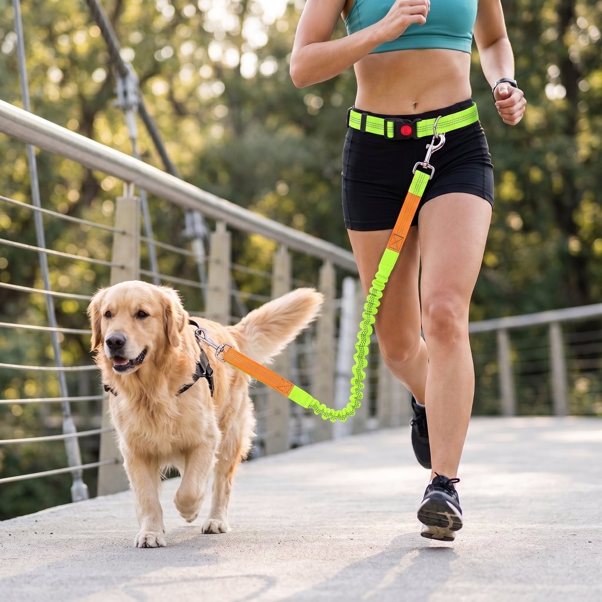Golden retriever en jogging sur un pont suspendu, ceinture mains libres verte et laisse orange