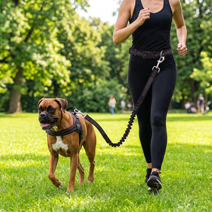 Boxer courant dans un parc, ceinture mains libres noire et laisse élastique